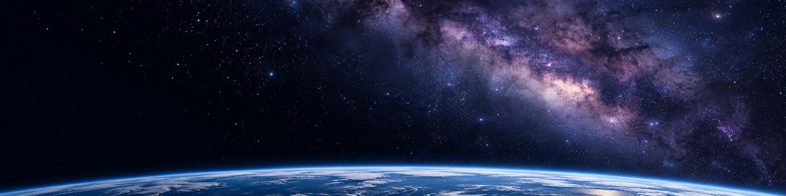 Space illustration of a violet Milky Way above Earth's blue atmospheric horizon.