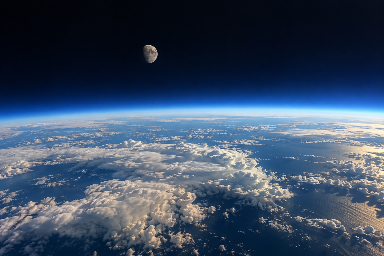 Illustration of the Moon in a dark sky above Earth’s blue atmospheric horizon and distant sunlit clouds.